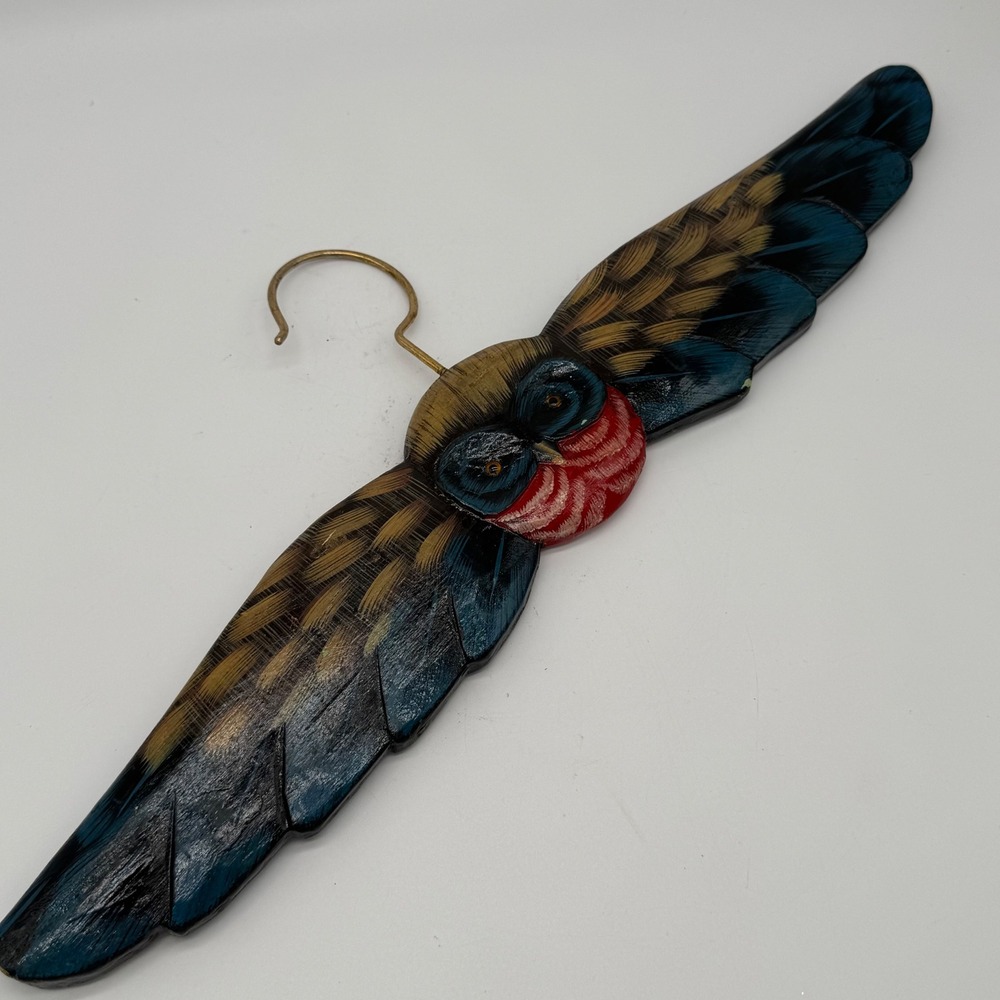 Vintage Hand Carved Wood Owl Coat Hanger Painted Wingspan Clothes Hanger 17" Vtg